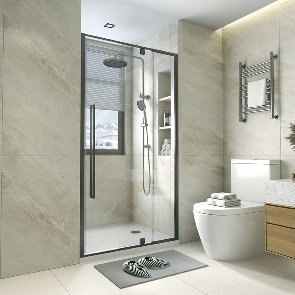 Matte black pivot shower door