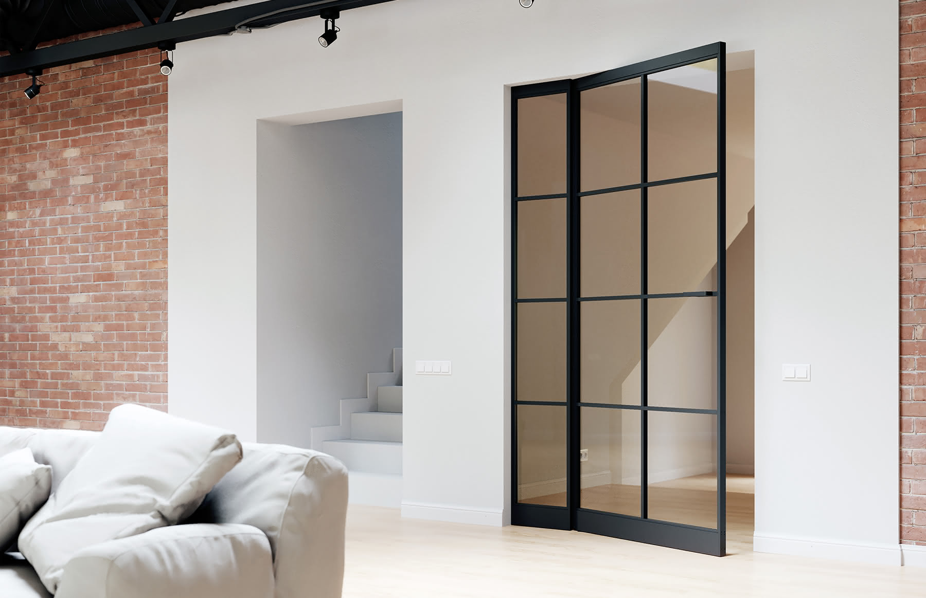 Black framed sliding loft doors