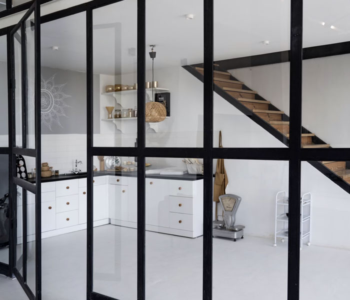 Industrial framed kitchen partition
